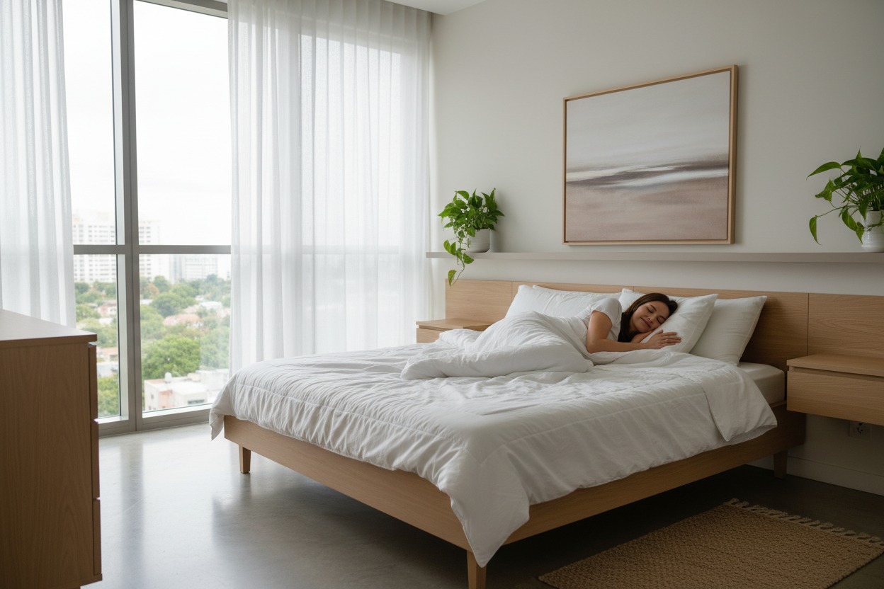 Eine junge Frau schläft friedlich in einem hellen, modern eingerichteten Schlafzimmer mit großen Fenstern.